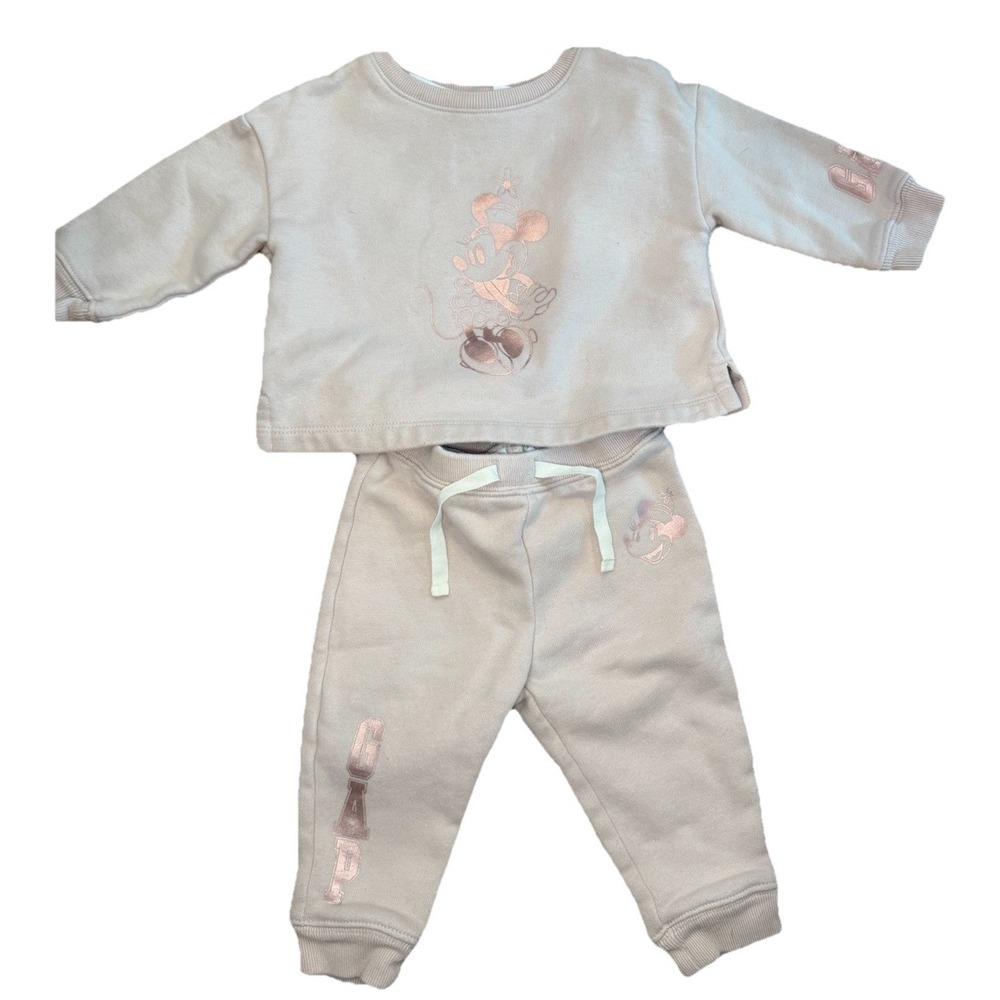 Baby Gap X Disney Baby Minnie Mouse Gold Foil Pink Sweater Jogger Set‎ 6-12M